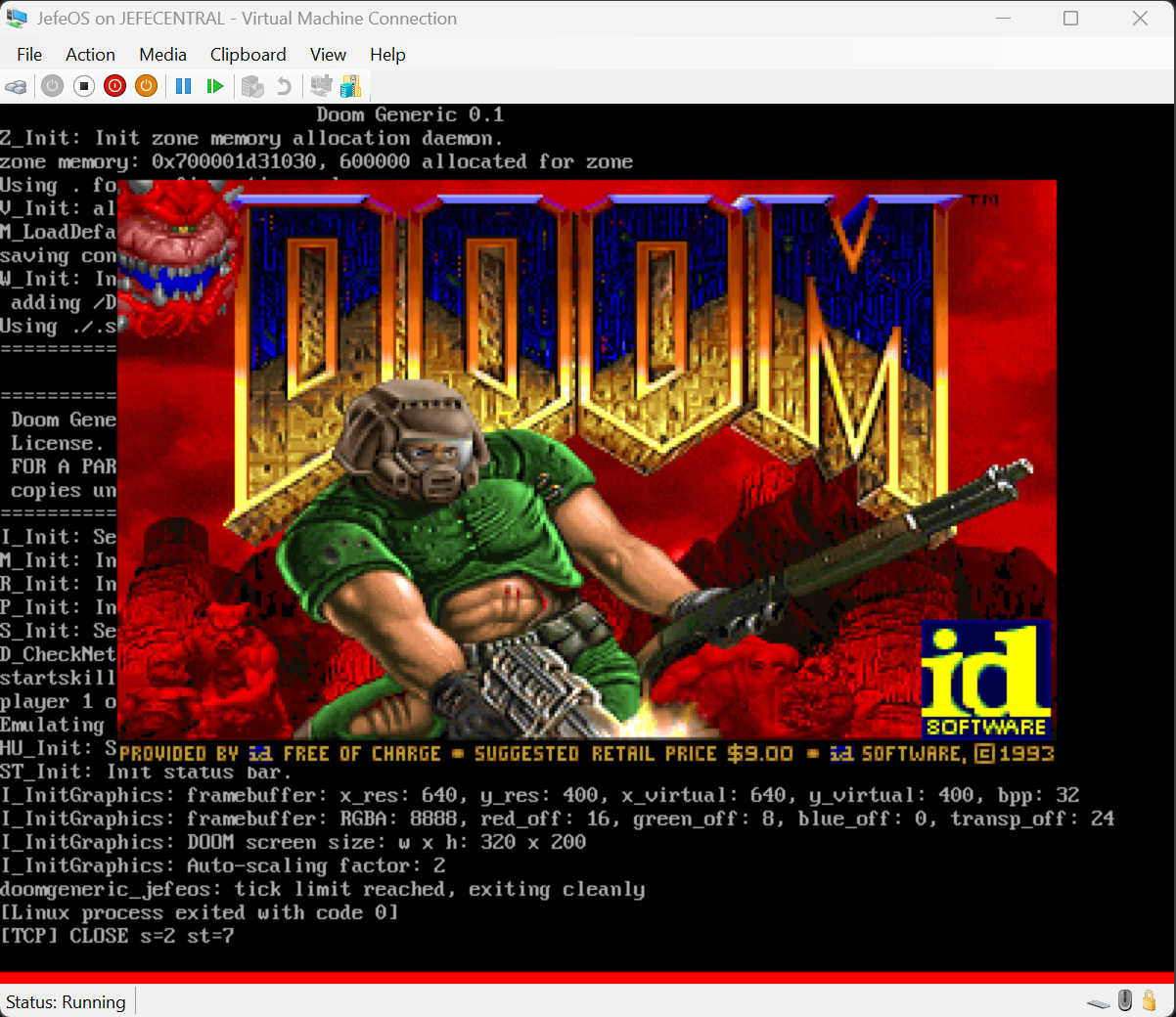DOOM title screen rendered on JefeOS in Hyper-V, with kernel serial trace below showing I_InitGraphics framebuffer setup and clean Linux process exit