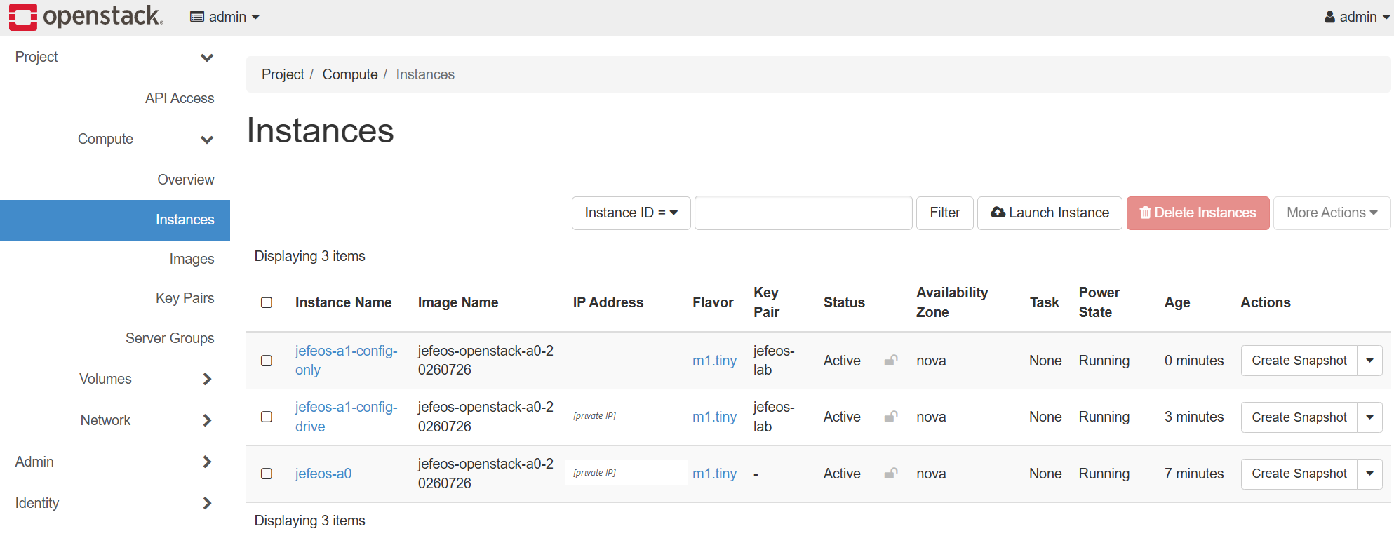 OpenStack Horizon Instances view showing JefeOS test instances